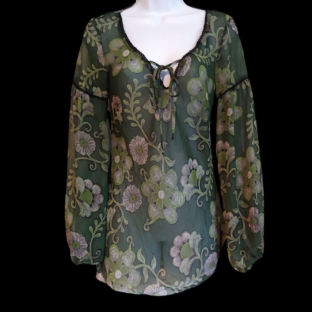 Ing Y2K Boho Sheer Floral Green Flowy Long Puff Sleeve Top M Hippie